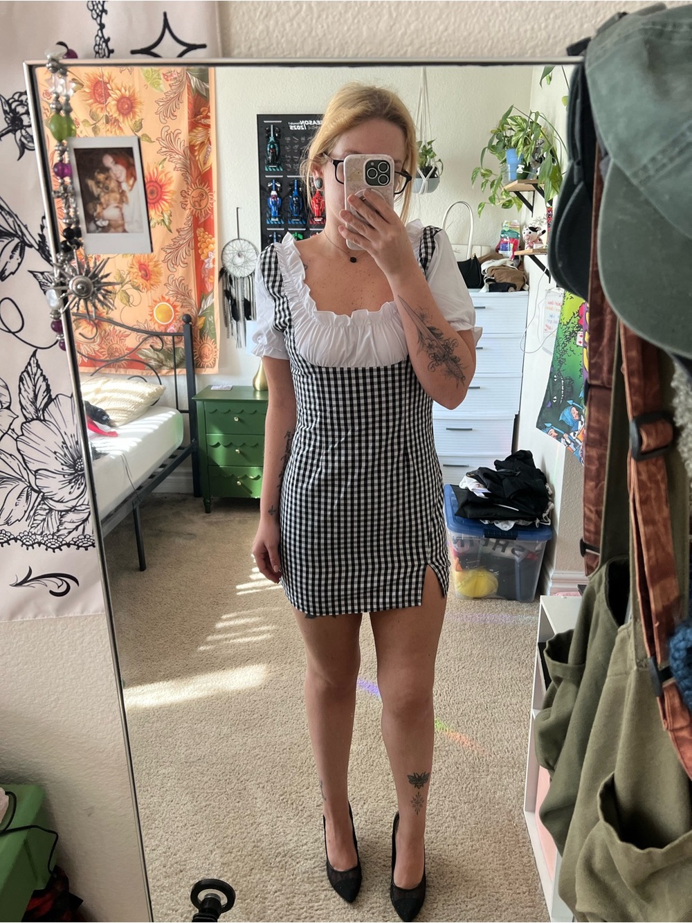 Gingham Square-Neck Mini Dress with Puff Sleeve